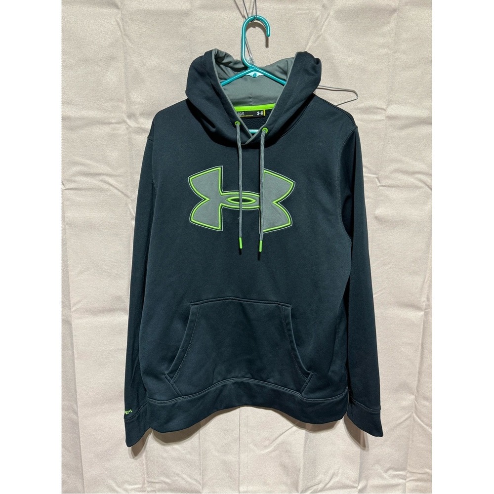 Under Armour Mens Black Pullover Hoodie Neon Green Logo Large LG Loose Fit